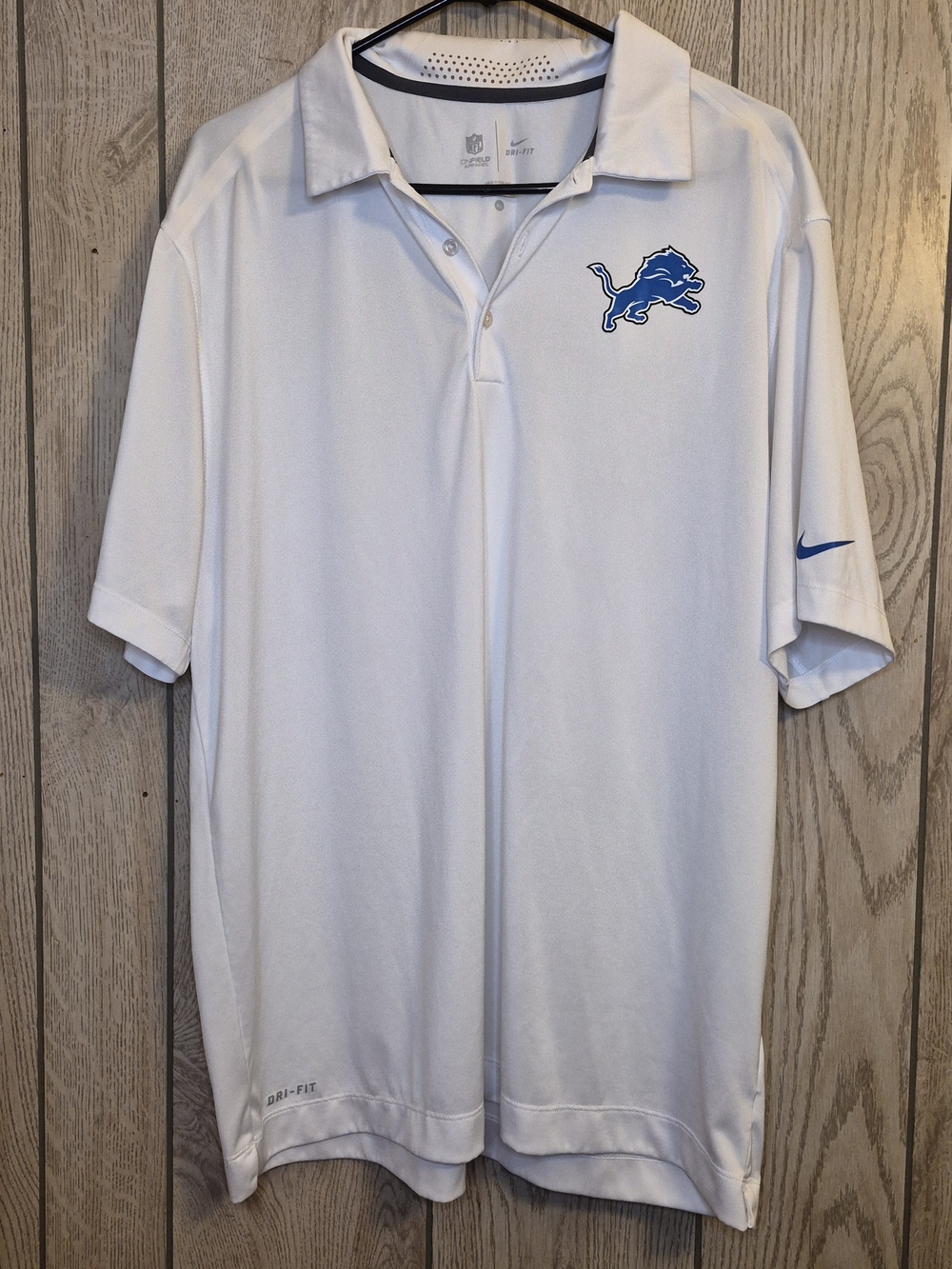 Nike White Polo with Blue Detroit Lions Logo